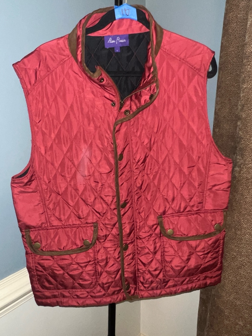 Alan Flusser Quilted Red Vest with Brown Trim